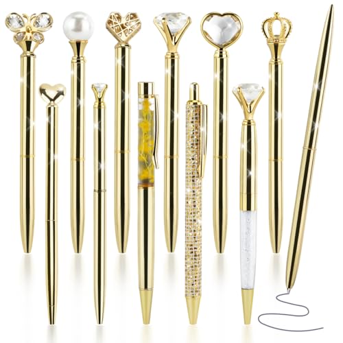 IBEQUEM 12 Rose Gold Kugelschreiber, Crystal Metallic schwarze Tinte feine Spitze Diamant Stift, Mädchen Geschenk, Schule, Haus, Bürobedarf (Gold) von IBEQUEM