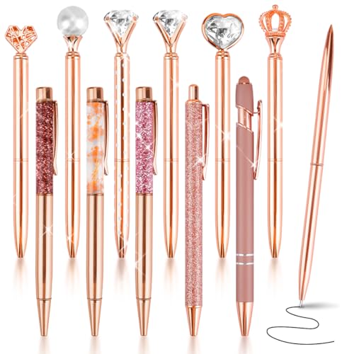 IBEQUEM 12 Stück Kugelschreiber Set, Rosegold Glitzer Metall Kugelschreiber mit schwarzer Tinte einziehbare Stifte Geschenk für Frauen Mädchen Brautjungfer Hochzeit von IBEQUEM