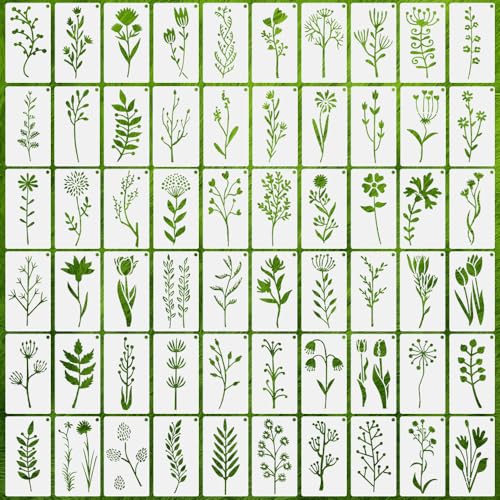 IBEQUEM 60 Stück Blumen Schablone, Wiederverwendbar Wildblumen Schablonen zum Malen, Malschablonen DIY Vorlagen Malerei Schablonen Set für Scrapbooking Holz Boden Wand Fliesen von IBEQUEM