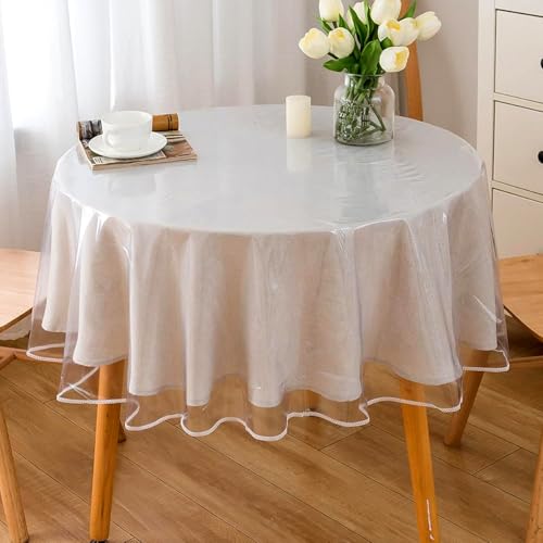 IBEQUEM Klar PVC Tischdecke, Dickes Kunststoff abwischbar Rechteck Tischschutz, Wasserdicht/Öl Beweis Heavy Duty Transparent Tischabdeckung für Küche Picknick Esstisch (Rund-140cm) von IBEQUEM
