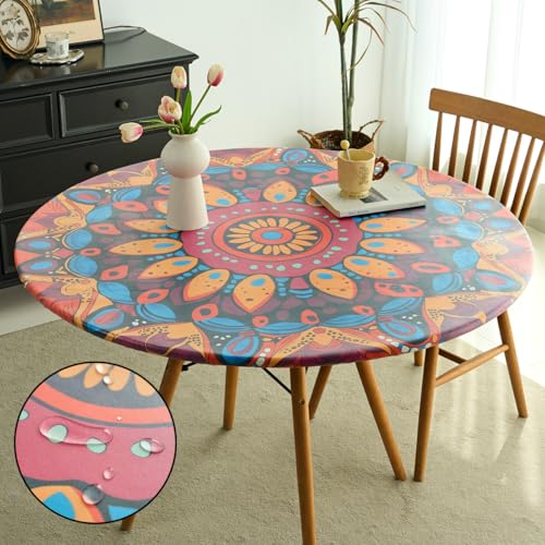 IBEQUEM Mandala Round Fitted Tischtuch mit elastischem Rand, Ethnische Mandala Blume Blätter Muster runden Tisch Decken abwischbar wasserdicht Tischdecke für Essen Hochzeit Party Picknick (152cm) von IBEQUEM