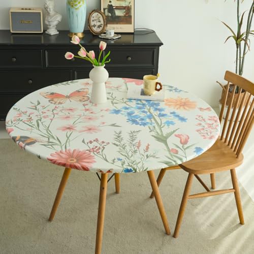 IBEQUEM Runde angepasste Tischdecke mit elastischem Rand, wasserdichte ölbeständige Plastik-Tischdecke, Vinyl Flanell-Tischdecke passt auf runde Tische für Abendessen, Outdoor, Blumen (122cm) von IBEQUEM