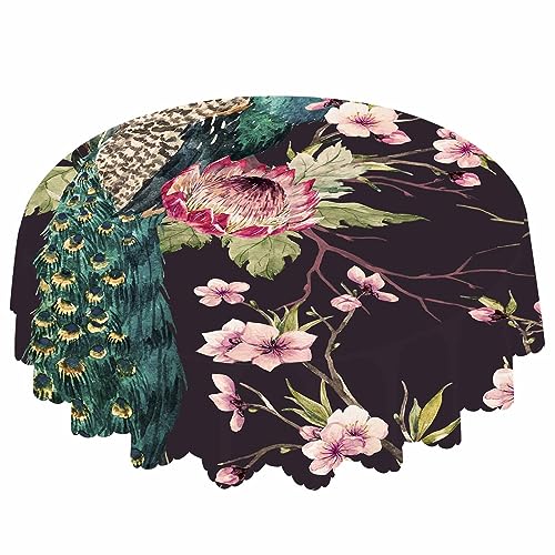 IBILIU Runde Tischdecke mit Pfauenmotiv, Kirschblume, tropischer Vogel, wasserabweisend, Polyester, dekorative Tischdecke für Küche, Esstisch, Party, Urlaub, 147 cm IBILIU Runde Tischdecke mit Pfauenmotiv, Kirschblume, tropischer Vogel, wasserabweisend, Polyester, dekorative Tischdecke für Küche, Esstisch, Party, Urlaub, 147 cm von IBILIU