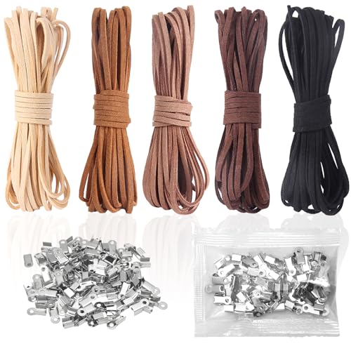 IBOPUXIU Lederband für Ketten, Flaches lederschnur Set 25M (5x5M), Reißfest & Hautfreundlich, Veloursleder Band 3mm für DIY Armband Halskette Basteln Schmuck Handwerk von IBOPUXIU