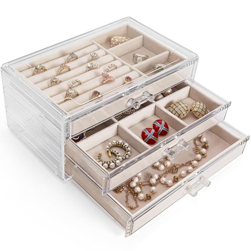 IBVIVIC Acryl Schmuckkästchen mit 3 Schubladen, Schmuckschatulle durchsichtig, Samt Schmuckbox für Ringe, Ohrringe, Uhr, Armbänder und Halskette, Beige von IBVIVIC