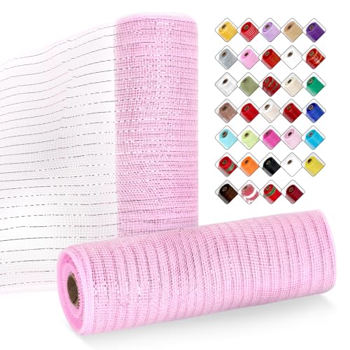 ICOSHOW 2 Rollen Netzband für Kränze, 25,4 cm x 9,2 m, Kranznetz-Rollen mit Metallfolie für Ostern, Weihnachten, Party, Hochzeit, Heimdekoration, Bastelprojekte und Geschenkverpackungen (Hellrosa) von ICOSHOW