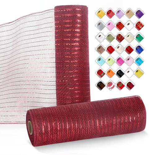 ICOSHOW 2 Rollen Netzband für Kränze, 25,4 cm x 9,2 m, Kranznetz-Rollen mit Metallfolie für Ostern, Weihnachten, Party, Hochzeit, Heimdekoration, Bastelprojekte und Geschenkverpackungen (Weinrot) von ICOSHOW