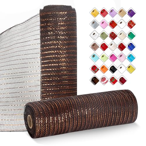 ICOSHOW 2 Rollen Netzband für Kränze, 25,4 cm x 9,2 m, Kranznetz-Rollen mit Metallfolie für Ostern, Weihnachten, Party, Hochzeit, Heimdekoration, Bastelprojekte und Geschenkverpackungen (braun) von ICOSHOW