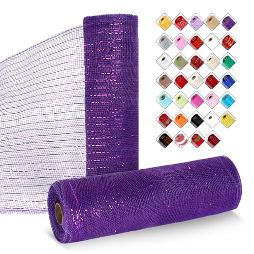 ICOSHOW 2 Rollen Netzband für Kränze, 25,4 cm x 9,2 m, Kranznetz-Rollen mit Metallfolie für Ostern, Weihnachten, Party, Hochzeit, Heimdekoration, Bastelprojekte und Geschenkverpackungen (lila) von ICOSHOW