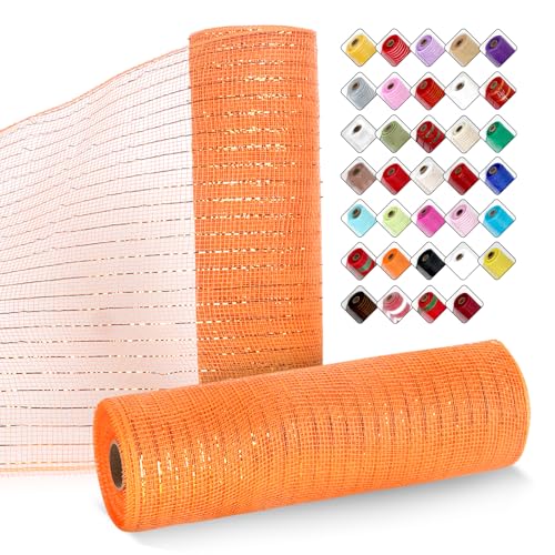 ICOSHOW 2 Rollen Netzband für Kränze, 25,4 cm x 9,2 m, Kranznetz-Rollen mit Metallfolie für Ostern, Weihnachten, Party, Hochzeit, Heimdekoration, Bastelprojekte und Geschenkverpackungen (orange) von ICOSHOW