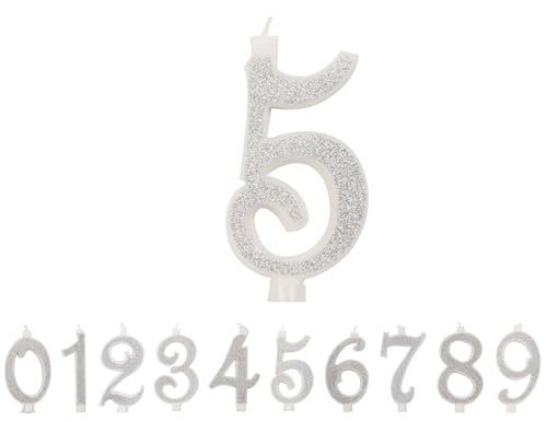 IDEGOS 10 cm Geburtstagskerzen, Zahl 5, 3D, silberfarben, Glitzer, Dekoration für Kuchen, Geburtstag, Kerzen für Kuchen, Hochzeit (Silber, 5) von LAOSEP