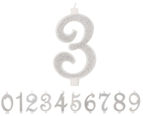 10 cm Kerze mit Geburtstagszahl, Nummer 3, 3D, silberfarben, Glitzer, Dekoration, Kuchen, Geburtstag, Kerzen für Kuchen Hochzeit von IDEGOS