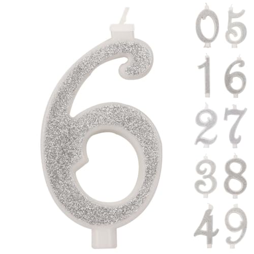 IDEGOS 10 cm Kerze mit Geburtstagszahl, Nummer 6, 3D, silberfarben, Glitzer, Dekoration für Kuchen, Geburtstag, Kerzen für Kuchen, Hochzeit IDEGOS 10 cm Kerze mit Geburtstagszahl, Nummer 6, 3D, silberfarben, Glitzer, Dekoration für Kuchen, Geburtstag, Kerzen für Kuchen, Hochzeit von IDEGOS