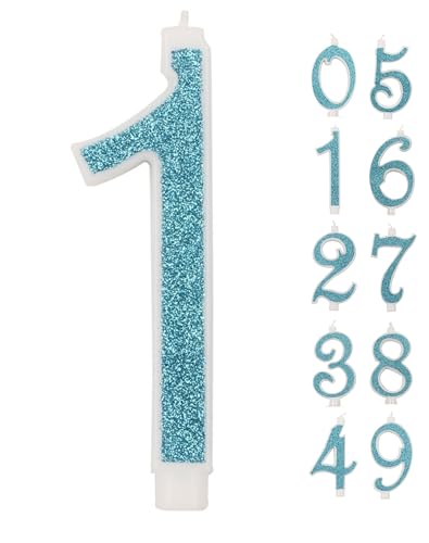 Große Kerze, 10 cm, Geburtstagskerzen, Nummer 1, 3D Blau mit Pailletten, Dekoration für Kuchen, Geburtstag, Hochzeit, Blau, 1) von IDEGOS