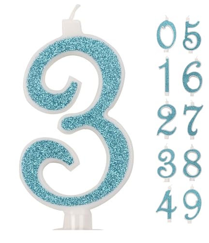 Große Kerze, 10 cm, Geburtstagskerzen, Zahl 3, 3D blau mit Pailletten, Dekoration für Kuchen, Geburtstag, Hochzeit, Blau, 3) von IDEGOS