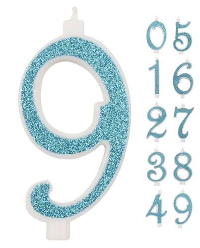 IDEGOS Große Kerze, 10 cm, Geburtstagskerzen, Zahl 9, 3D blau mit Pailletten, Dekoration für Kuchen, Geburtstag, Hochzeit, Blau, 9) von LAOSEP