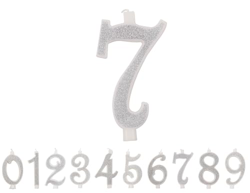 IDEGOS 10 cm Geburtstagskerzen, Zahl 7, 3D, silberfarben, Glitzer, Dekoration für Kuchen, Geburtstag, Kerzen für Kuchen, Hochzeit (Silber, 7) von Boppon