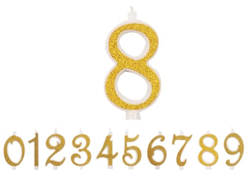 IDEGOS 10 cm Geburtstagskerzen, Zahl 8, 3D, goldfarben, glitzernd, Dekoration für Kuchen, Geburtstag, Kerzen für Kuchen, Hochzeit (Gold, 8) von sufe
