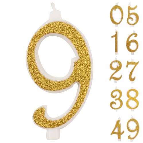 IDEGOS 10 cm Geburtstagskerzen, Zahl 9, 3D, goldfarben, glitzernd, Dekoration für Kuchen, Geburtstag, Kerzen für Kuchen, Hochzeit (Gold, 9) von IDEGOS