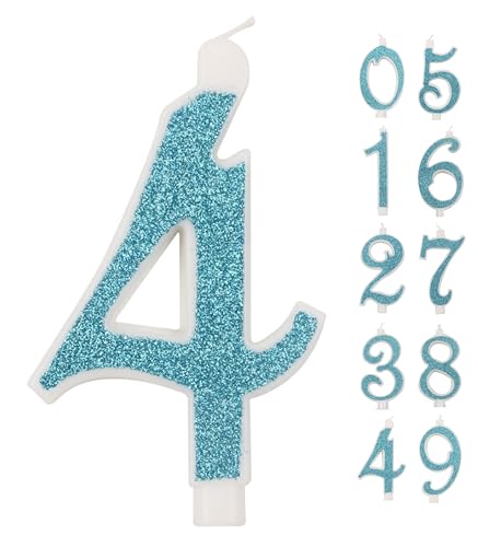 IDEGOS Große Kerze, 10 cm, Geburtstagskerzen, Nummer 4, 3D blau mit Pailletten, Dekoration für Kuchen, Geburtstag, Hochzeit, Blau, 4) von LAOSEP