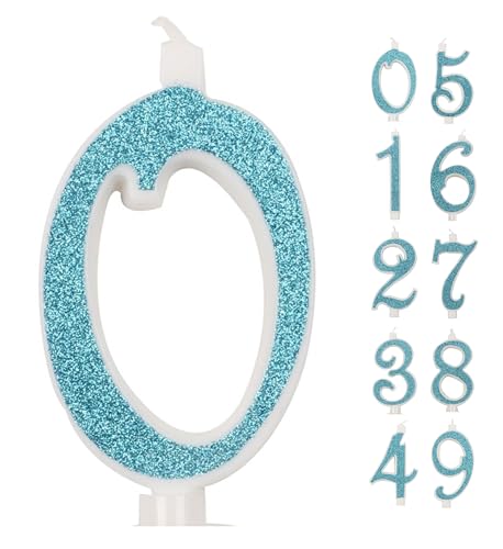 IDEGOS Große Kerze, 10 cm, Geburtstagskerzen, Zahl 0, 3D blau mit Pailletten, Dekoration für Kuchen, Geburtstag, Hochzeit, Blau, 0) von IDEGOS