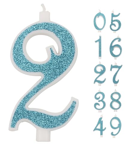 IDEGOS Große Kerze, 10 cm, Geburtstagskerzen, Zahl 2, 3D blau mit Pailletten, Dekoration für Kuchen, Geburtstag, Hochzeit, Blau, 2) von LAOSEP