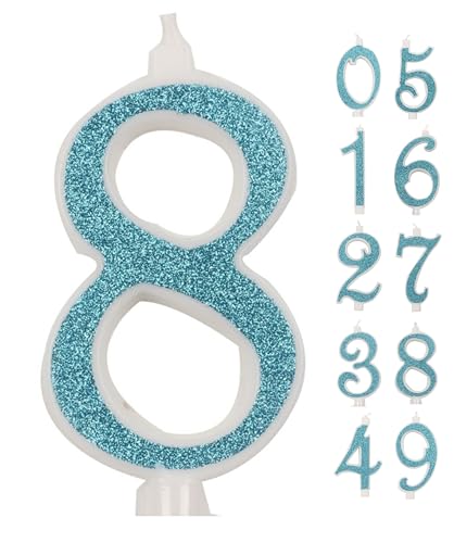 IDEGOS Große Kerze, 10 cm, Geburtstagskerzen, Zahl 8, 3D blau mit Pailletten, Dekoration für Kuchen, Geburtstag, Hochzeit, Blau, 8) von LAOSEP