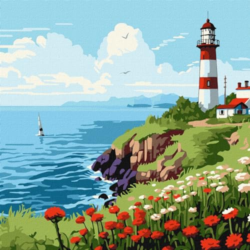 IDEYKA Ein Leuchtturm am Horizont - Malen nach Zahlen für Erwachsene, einfaches Acryl-Malen nach Zahlen für Erwachsene, malen nach zahlen erwachsene mit rahmen,DIY-als Geschenk, 30х30cm von IDEYKA
