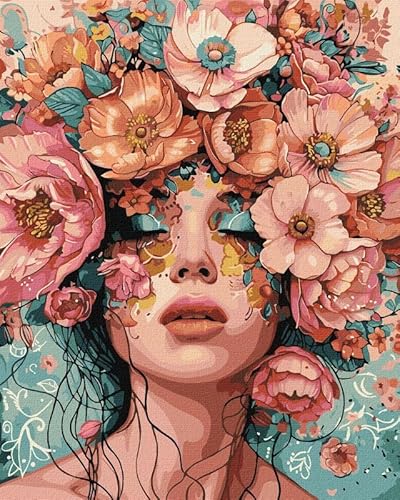 IDEYKA Ein Mädchen mit Blumen - Malen nach Zahlen für Erwachsene, 40x50 cm, Realistisch, mit Rahmen, Acryl, Leinwand von IDEYKA