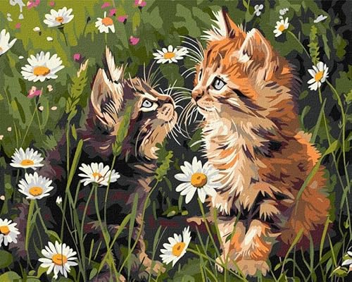 IDEYKA Katzen in Blumen - Malen nach Zahlen für Erwachsene, einfaches Acryl-Malen nach Zahlen für Erwachsene, malen nach zahlen erwachsene mit rahmen,DIY-Malen nach Zahlen als Geschenk, 40х50cm von IDEYKA