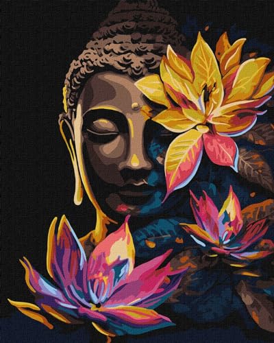 IDEYKA Malen nach Zahlen Buddha mit Lotosblumen mit metallischen Farben Extra art selena ua 40x50 mit Holzrahmen von IDEYKA