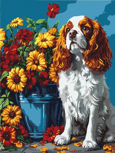 IDEYKA Malen nach Zahlen - Ein Spaniel und Blumen ©art_selena_ua Malen nach Zahlen für Erwachsene, einfaches Acryl-Malen nach Zahlen für Erwachsene, mit rahmen,DIY als Geschenk, 30x40 cm von IDEYKA