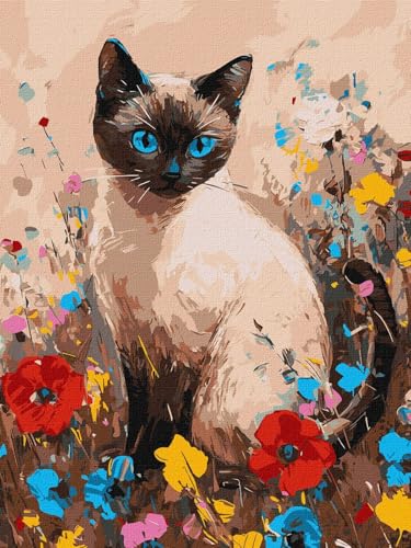 IDEYKA Malen nach Zahlen - Kätzchen in Blumen ©art.solomiia Malen nach Zahlen für Erwachsene, einfaches Acryl-Malen nach Zahlen für Erwachsene, mit rahmen,DIY als Geschenk, 30x40 cm von IDEYKA