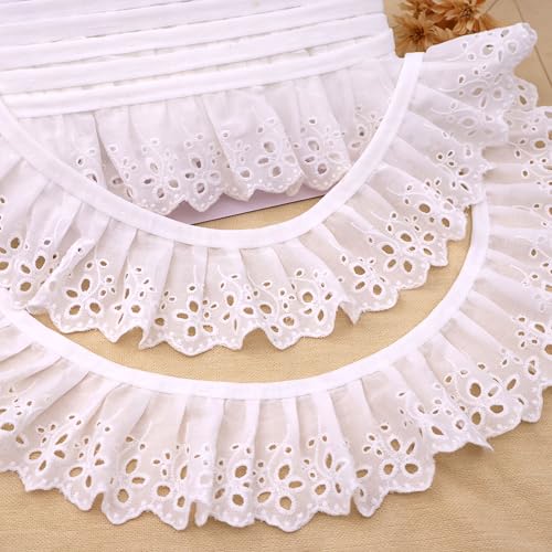 IDONGCAI 7,1 cm gerüschter Ösen-Bordüre, 4 durchgehende Meter, weiß, geraffte Stickerei, Ösenbesatz, elastische Paspelkante zum Nähen von Brautkleidung, Babykleidung, Decken, Kissen von IDONGCAI