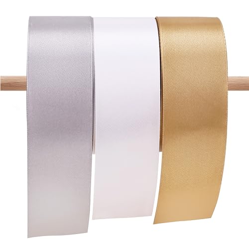 IDONGCAI Satinband, 3,8 cm breit, einseitig, Polyester, goldfarben/weiß/grau, 3 Rollen, 22 m, Band für Blumenstrauß, Hochzeit, Basteln von IDONGCAI
