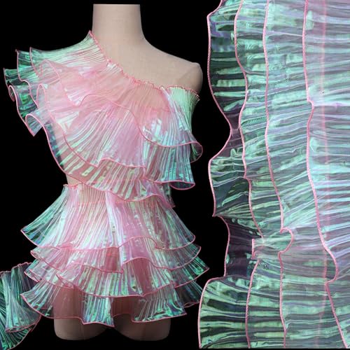Schillernder Chiffon-Spitzenbesatz und Rüschenstoffbesatz, Meerjungfrauen-Stil, elegantes Organza-Kleid, schimmernde Quallen, Tentakelband (schillerndes Rosa) von IDONGCAI
