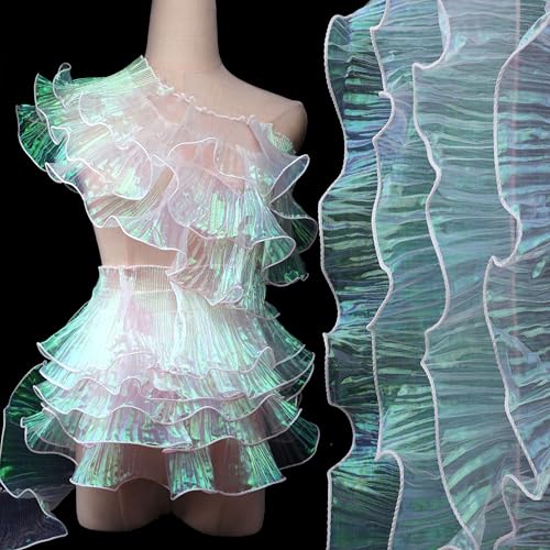 Schillernder Chiffon-Spitzenbesatz und Rüschenstoffbesatz, Meerjungfrauen-Stil, elegantes Organza-Kleid, schimmernde Quallen, Tentakelband (schillerndes Weiß) von IDONGCAI