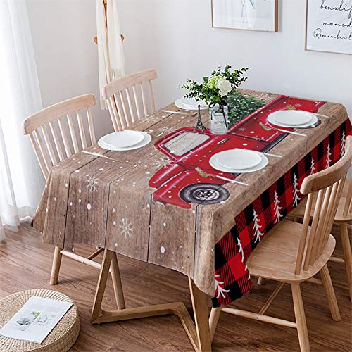 Rechteckige Tischdecke, 152,4 x 250,9 cm, wasserdicht, auslaufsicher, Polyester, Tischdecke für Partys, Hochzeiten, Esszimmer, Frohe Weihnachten, roter LKW und Weihnachtsbaum, Retro-Holzmaserung von IDOWMAT