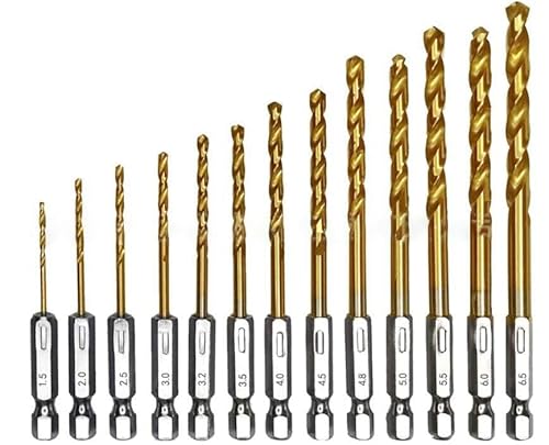 Schlagbohrer-Set, Sechskantschaft, Titanbeschichtung, HSS4241, Spiralbohrer-Set für Holz, Blech, verschiedene Kunststoffe, Schnellwechsel-Design (1/16 Zoll - 1/4 Zoll), 13-teilig von IFPPSAE