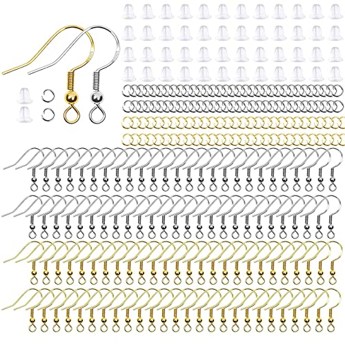 300 Stück Ohrringhaken Machen Set, 925 Ohrring Haken Versilbert Ohrhaken Versilberter Ohrhänger Ohrringe Selber Machen Ohrhaken Biegeringe für DIY Gifts Ohrringen Zubehör (Silber/Gold) von IFUDE