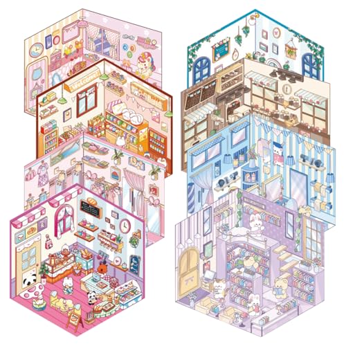 IFUDE 8 Stück 3D Szene Sticker Einkaufsladen Haus Sticker 3D Miniaturlandschaft Aufkleber Szene DIY Scrapbooking Set Für Kinder Adult Stressabbau von IFUDE