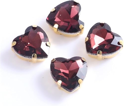 Hotfix Strass, genähte Bergkristall, Herzförmig, Glas genähte Strass mit goldener Kralle, genähte Kristalle, für Bekleidung, Accessoires, DIY Schuhe (Rotwein, 12mm, 50Stk.) von IGGLL