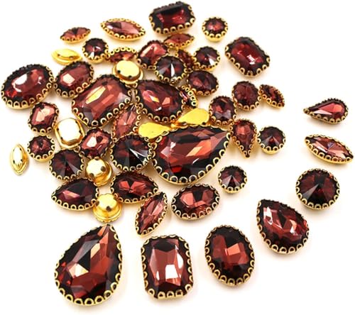 Hotfix Strass, nähen auf Strass, 50 Stück/Beutel gemischte Formen Kristallsteine Nähen Gold Spitze Klaue Lünette Glas Strass DIY Schuhe Kleidung Zubehör (weinrot) von IGGLL