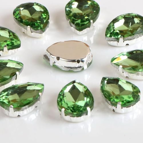 Hotfix-Strasssteine, tropfenförmige Glas-Strasssteine mit Kralle, zum Aufnähen in Tropfenform, Kristallstein, Strass, Diamant-Metallsockel, Hochzeitsdekoration (Grün, 13 x 18 mm, 50 Stück) von IGGLL