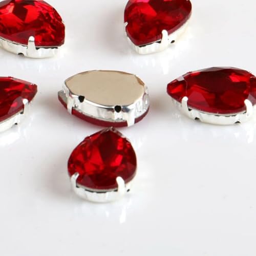 Hotfix-Strasssteine, tropfenförmige Glas-Strasssteine mit Kralle, zum Aufnähen in Tropfenform, Kristallstein, Strass, Diamant-Metallsockel, Hochzeitsdekoration (Rot, 13 x 18 mm, 50 Stück) von IGGLL