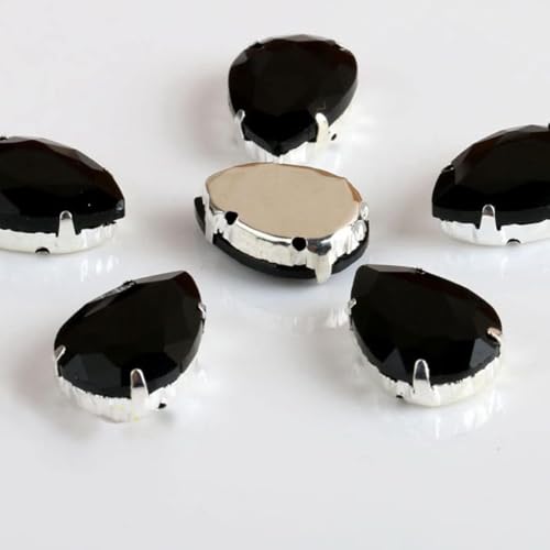 Hotfix-Strasssteine, tropfenförmige Glas-Strasssteine mit Kralle, zum Aufnähen in Tropfenform, Kristallstein, Strass, Diamant-Metallsockel, Hochzeitsdekoration (Schwarz, 10 x 14 mm, 50 Stück) von IGGLL