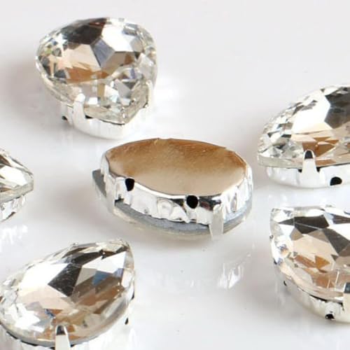 Hotfix-Strasssteine, tropfenförmige Glas-Strasssteine mit Kralle, zum Aufnähen in Tropfenform, Kristallstein, Strass, Diamant-Metallsockel, Hochzeitsdekoration (Weiß, 13 x 18 mm, 50 Stück) von IGGLL
