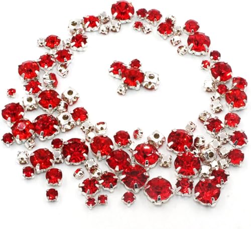Hotfix-Strasssteine, zum Aufnähen, 100 Stück/Beutel, gemischte Größen, Glaskristallsteine, Kleidung, lose Perlen, silberne Krallenfassung, zum Aufnähen auf Strasssteine, DIY, Hochzeitskleid (rot) von IGGLL