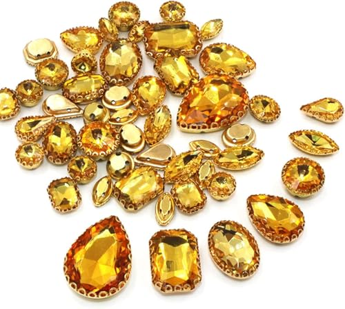 Hotfix-Strasssteine, zum Aufnähen, 50 Stück/Beutel, gemischte Form, Kristallsteine, Nähen, Gold, Spitze, Krallenfassung, Glas, Strass, DIY, Schuhe, Kleidung, Zubehör (Goldgelb) von IGGLL