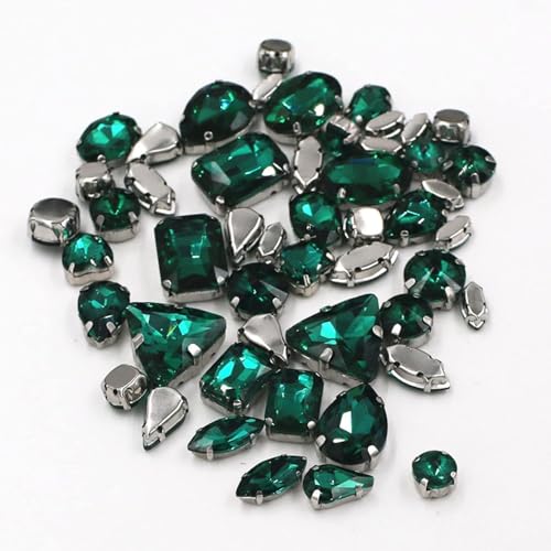 Hotfix-Strasssteine, zum Aufnähen, 50 Stück/Beutel, gemischte Form, Kristallsteine, Nähen, Silber, Krallenfassung, Glas, Strass, DIY, Taschen, Schuhe, Kleidung, Zubehör (Smaragd) von IGGLL